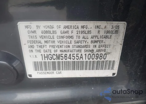 2005 Honda Accord 2.4 Lx z USA, uszkodzony, nr VIN 1HGCM56455A100980